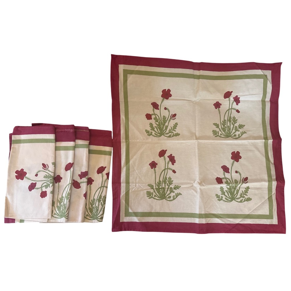 Couleur Nature Bruno Lamy Red Poppy Cotton Napkins Set of 4 Floral 20x20 Cream